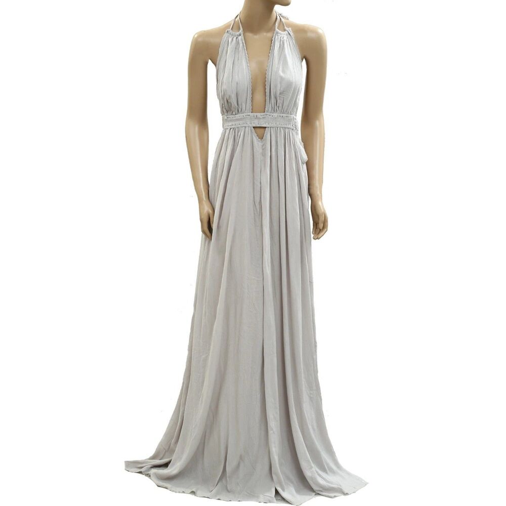 🦋 Free People Look Into the Sun Maxi Dress Halter Cutout Smocked Gray L 286457 - Picture 1 of 4